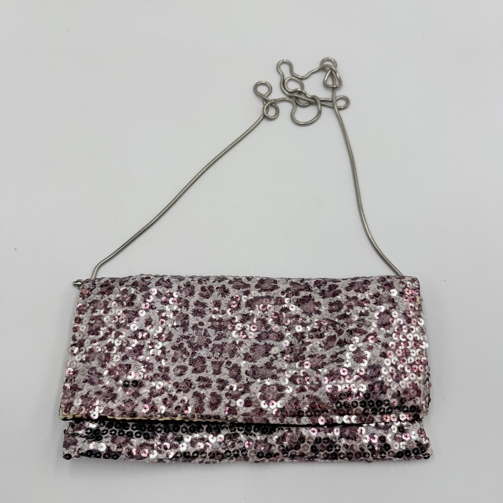 BCBGMAXAZRIA‎ Sequin Leopard Clutch OS Pink Silver Y2K Glam Evening Bag